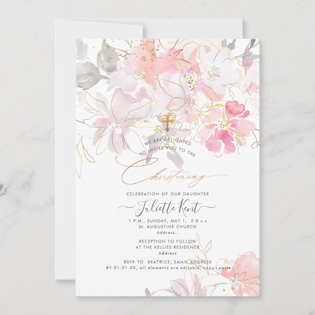 PixDezin Watercolor Blush Sweetpeas Christening Einladung (Vorderseite)