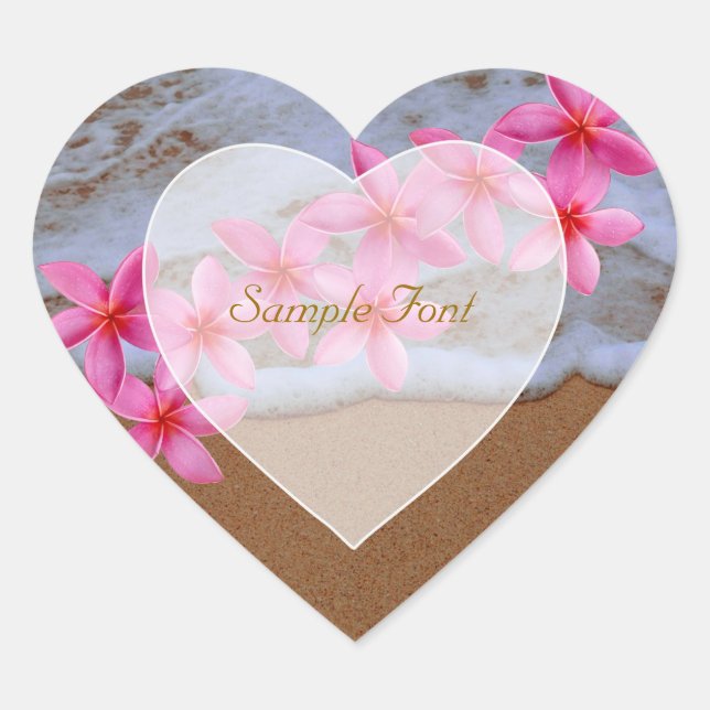 PixDezine Beach+Pink Plumeria Herz-Aufkleber (Vorderseite)