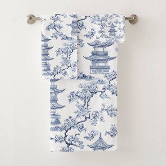 PixDezine Blaue Chinoiserie Pagoden Kirschblüten Badhandtuch Set