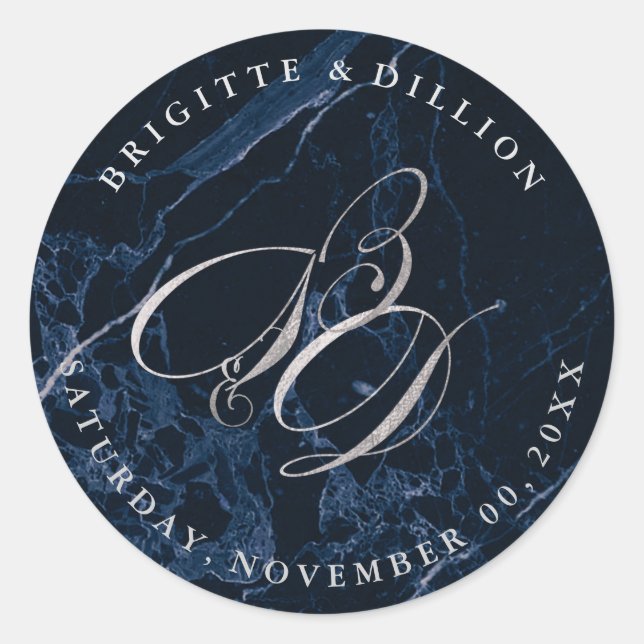 PixDezine DIY/Midnight Blue Marble/Imitats Silver Runder Aufkleber (Vorderseite)