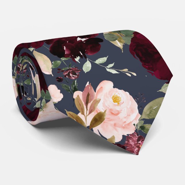 PixDezine H2 Blume Burgundy Blush Rose Marine Krawatte (Gerollt)