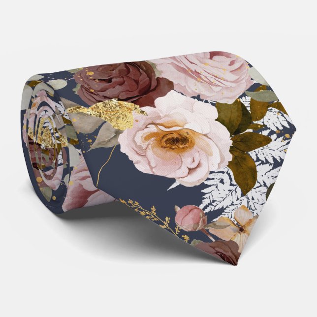 PixDezine H2 Blume Burgundy Blush Rose Marine Krawatte (Gerollt)