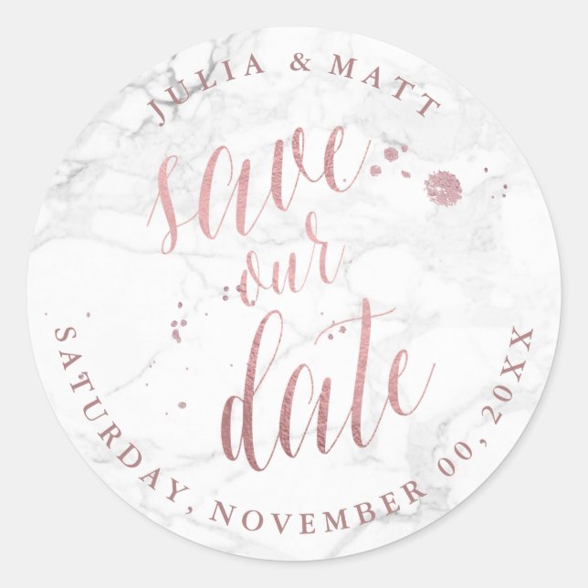 PixDezine Marble Save the Date/Imitate Rose Gold Runder Aufkleber (Vorderseite)