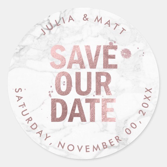 PixDezine Marble Save the Date/Imitate Rose Gold Runder Aufkleber (Vorderseite)