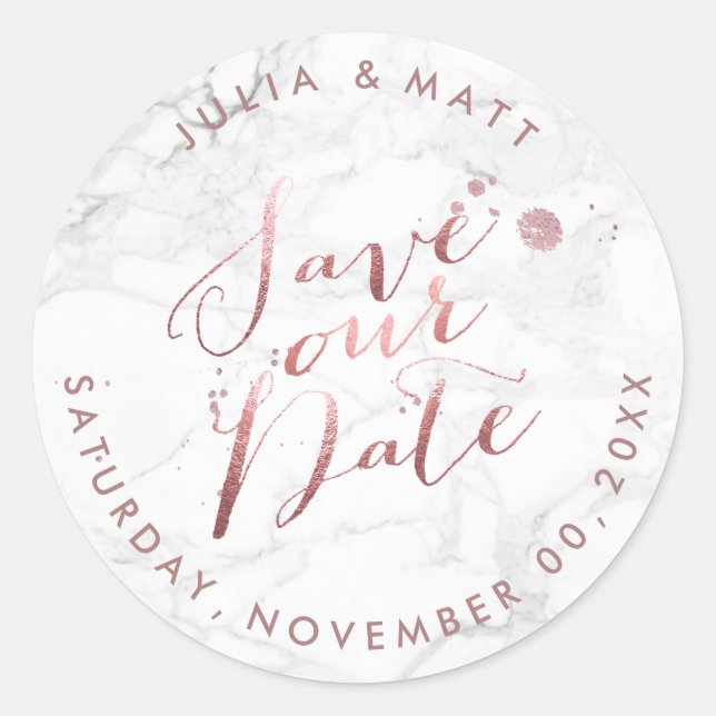 PixDezine Marble Save the Date/Imitate Rose Gold Runder Aufkleber (Vorderseite)