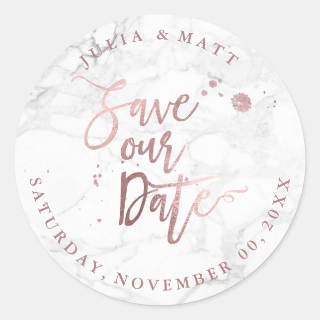 PixDezine Marble Save the Date/Imitate Rose Gold Runder Aufkleber (Vorderseite)