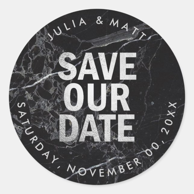 PixDezine Marble Save the Date/Imitate Silver Runder Aufkleber (Vorderseite)