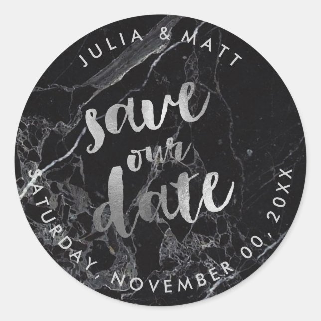 PixDezine Marble Save the Date/Imitate Silver Runder Aufkleber (Vorderseite)