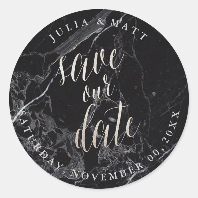 PixDezine Marble Save the Date/Imitate Silver Runder Aufkleber (Vorderseite)