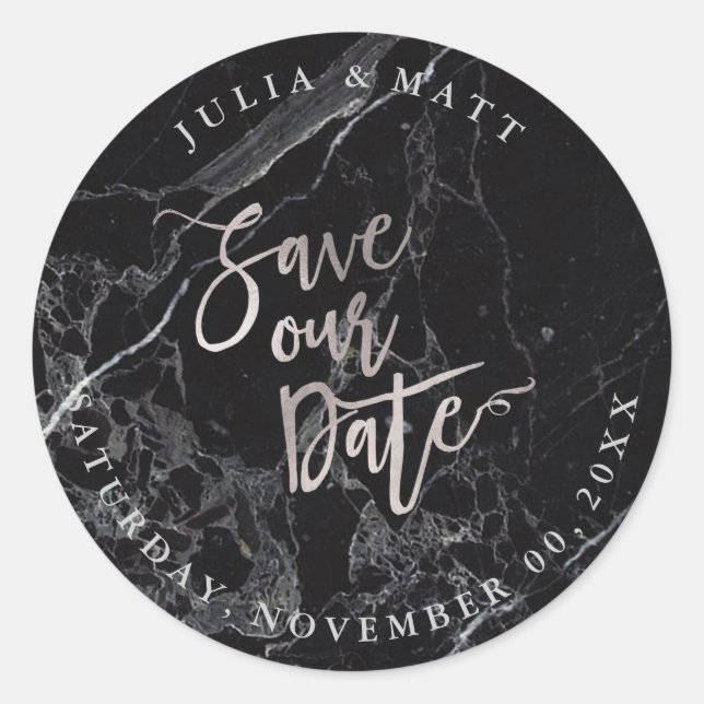 PixDezine Marble Save the Date/Imitate Silver Runder Aufkleber (Vorderseite)