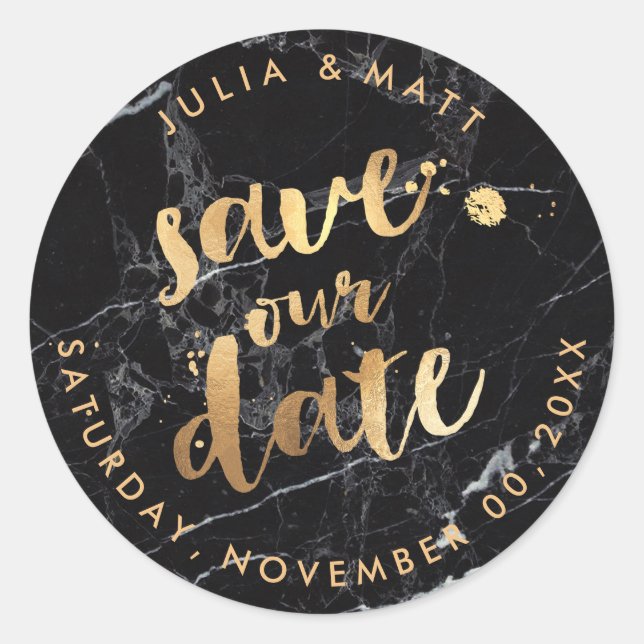 PixDezine Save the Date/Marmor+Imitate Gold Runder Aufkleber (Vorderseite)