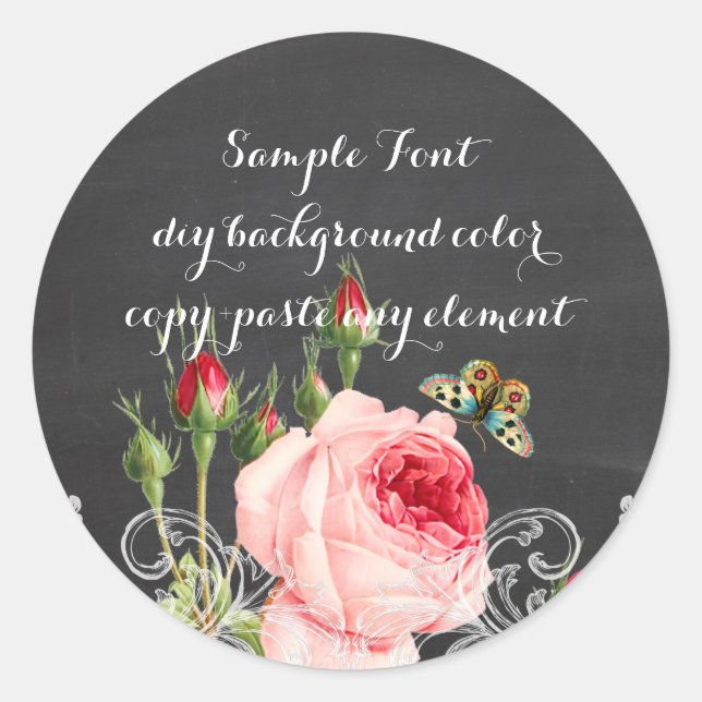 PixDezine Vintage Rose+Calkboard Runder Aufkleber (Vorderseite)