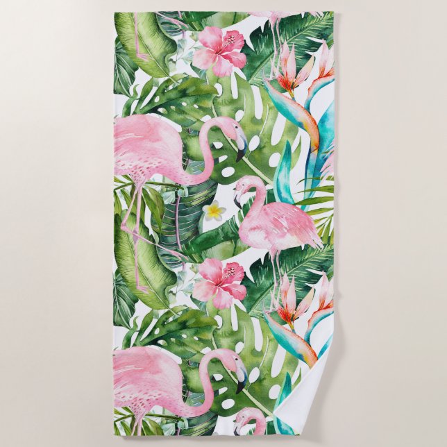 PIXDEZINEN PINK FLAMINGOS TROPICAL FOLIAGE STRANDTUCH (Vorderseite)