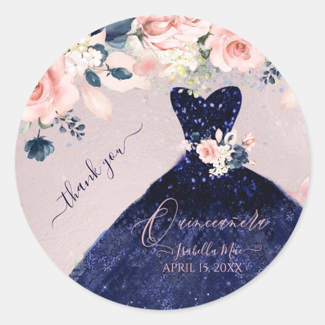 PixDezineQuinceanera Navy Glitzer Rose verschwomme Runder Aufkleber (Vorderseite)