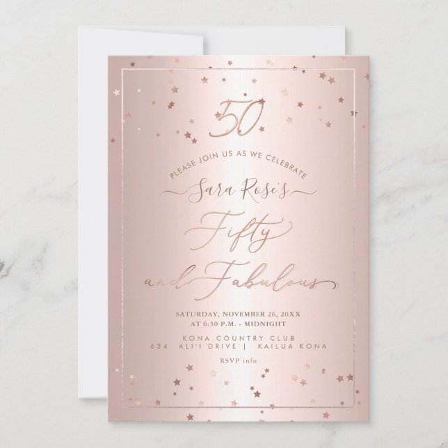 PixDezines 50 + Fantastische Rose Gold Stars Einladung (Vorderseite)
