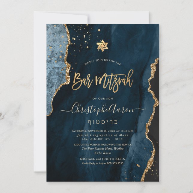 PixDezines Agate H2, Slate Blue Gold Invitation (Devant)