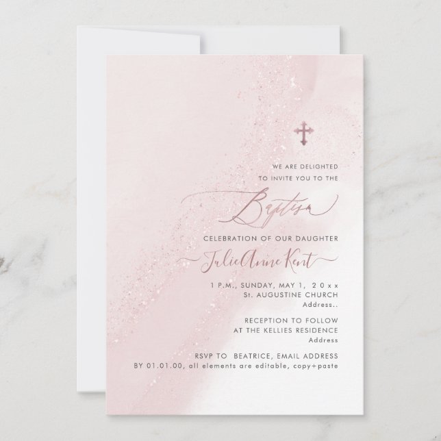 PixDezines Alcohol Blush Pink Rose Gold Taufe Einladung (Vorderseite)