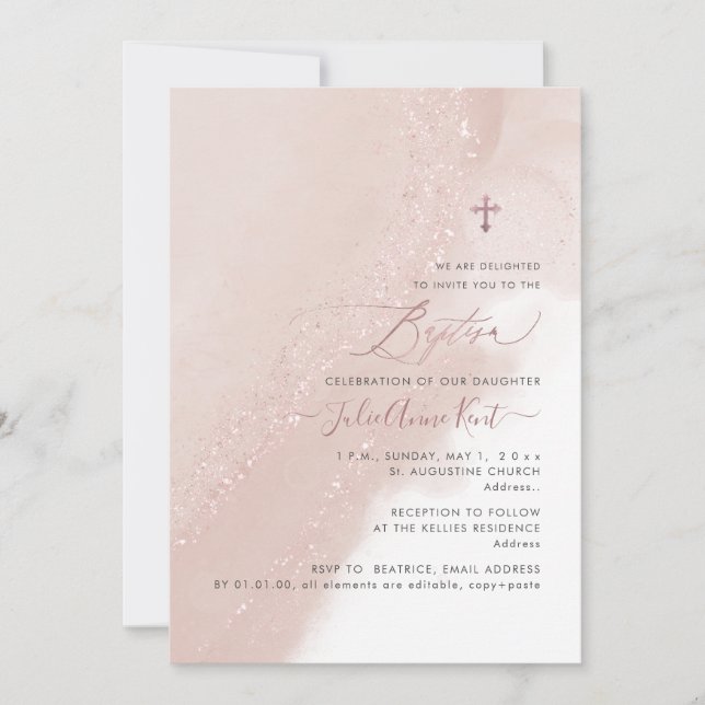 PixDezines Alcohol Dusty Pink Rose Gold Taufe Einladung (Vorderseite)