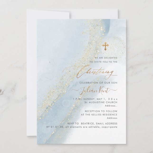 PixDezines Alcohol+Ink Dusty Blue Gold Christening Einladung (Vorderseite)