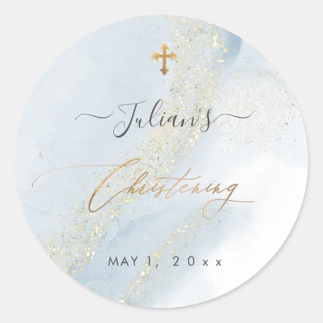 PixDezines Alcohol+Ink Dusty Blue Gold Christening Runder Aufkleber (Vorderseite)