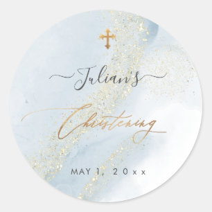 PixDezines Alcohol+Ink Dusty Blue Gold Christening Runder Aufkleber