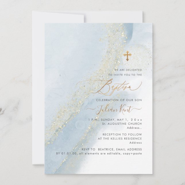 PixDezines Alkohol+Tinte Taufe Blauer Gold Einladung (Vorderseite)