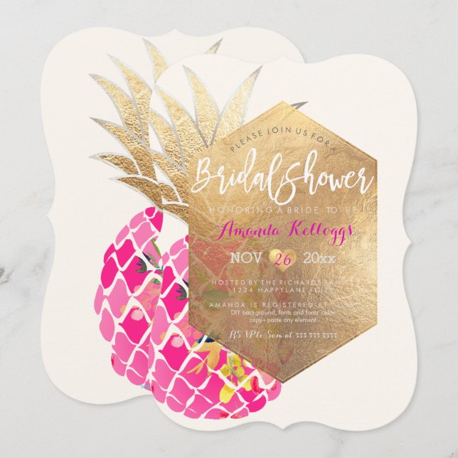 PixDezines Aloha Ananas Brautparty+Imitate Gold Einladung (Vorne/Hinten)