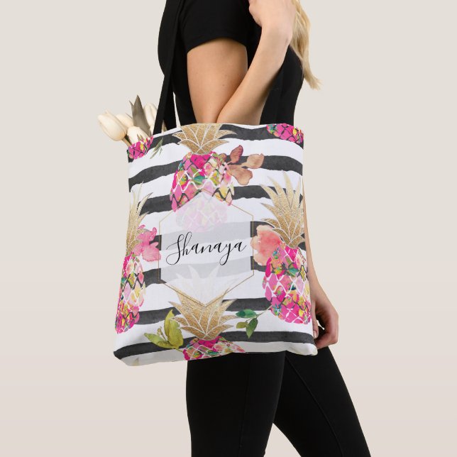 PixDezines Aloha Ananas+Floral+Schwarze Streifen Tasche (Von Nahem)