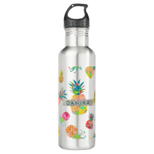PixDezines Aloha Ananas+Floral Wasserfarbe Edelstahlflasche