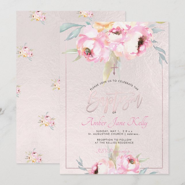 PixDezines Aquarell Blume Peonies Taufe Einladung (Vorne/Hinten)