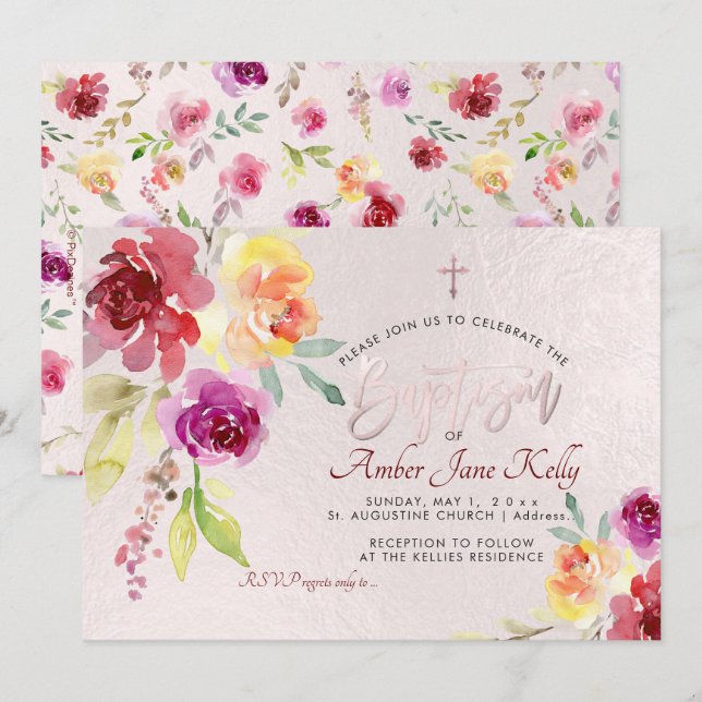 PixDezines Aquarell Blume Rose Taufe Einladung (Vorne/Hinten)
