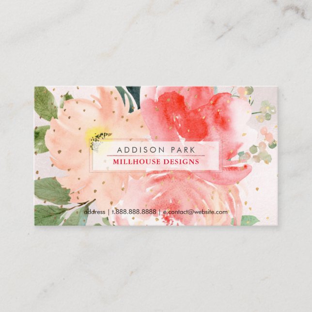 PixDezines Aquarellblush Peonies Gold Staub Busi Visitenkarte (Vorderseite)
