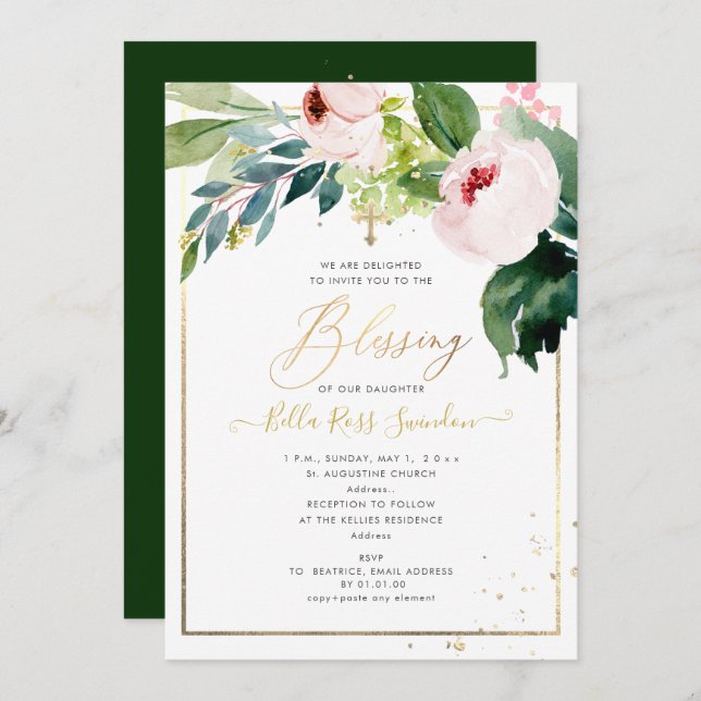 PixDezines Aquarellfarbe Delikate Blush Blütentauf Einladung (Vorne/Hinten)