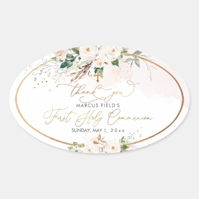 PixDezines Aquarellfarbe Rosenrosen Kommunion C Ovaler Aufkleber (Vorderseite)