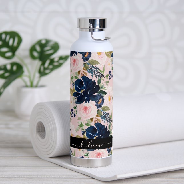 PixDezines Aquarellfarben Blume Blush Navy Trinkflasche (Yoga)