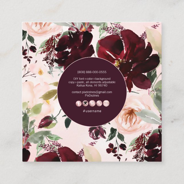 PixDezines Aquarellfarben-Blume, Burgund+Blush Quadratische Visitenkarte (Rückseite)