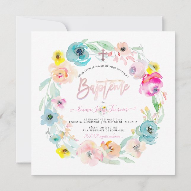 PixDezines Aquarellfarben-Blume, le Jardin Baptême Einladung (Rückseite)