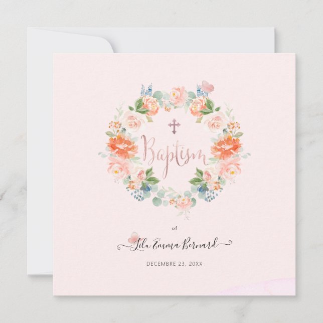 PixDezines Aquarellfarben Blume Taufe pfirsichfarb Einladung (Vorderseite)