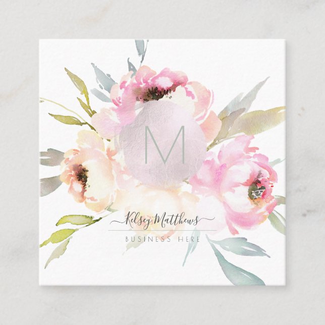 PixDezines Aquarellpeonies+Sage Quadratische Visitenkarte (Vorderseite)