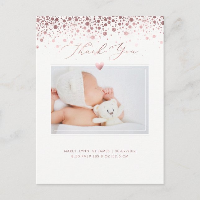 PixDezines Baby Dusche Vielen Dank/Rose Gold Confe Postkarte (Vorderseite)