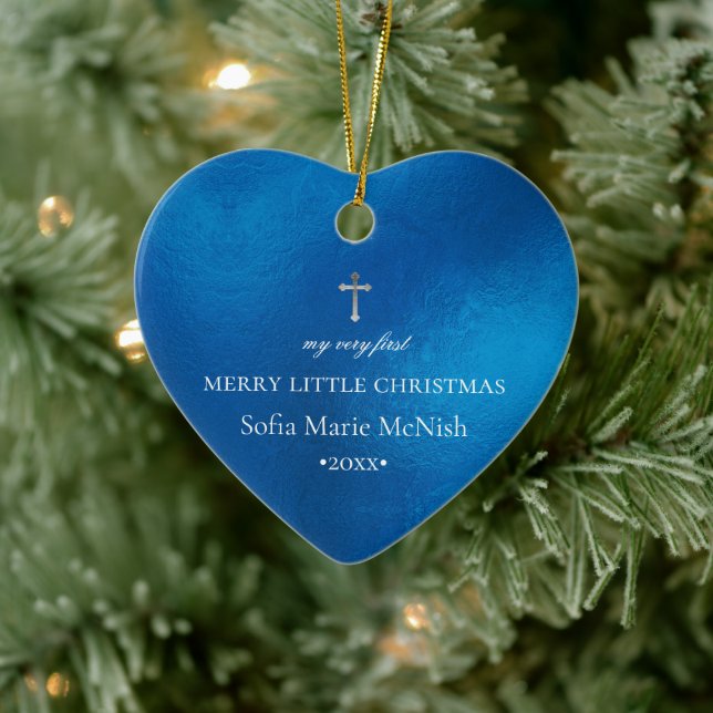 PixDezines Baby's 1. Weihnachts-Foto, Azure Blue Keramik Ornament (Baum)