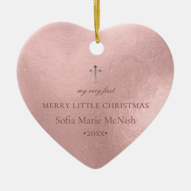 PixDezines Baby's 1. Weihnachtsfest Foto, Rose Gol Keramik Ornament (Vorne)