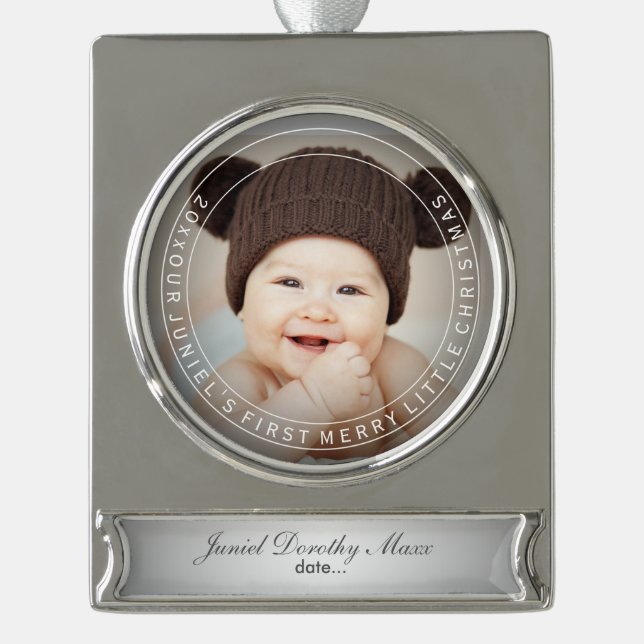 PixDezines Baby's First Christmas Holiday Foto Banner-Ornament Silber (Vorderseite)
