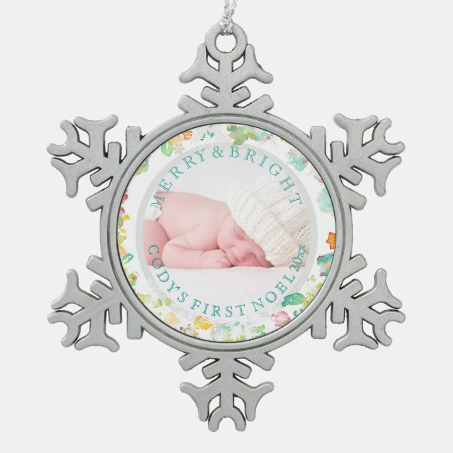 PixDezines Baby's First Christmas/Sophie's Garden Schneeflocken Zinn-Ornament (Vorderseite)