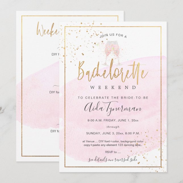 PixDezines Bachelorette Wochenende Pink Wasserfarb Einladung (Vorne/Hinten)