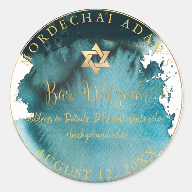 PixDezines Bar Mitzvah Aquamarin Grüne Wasserfarbe Runder Aufkleber (Vorderseite)