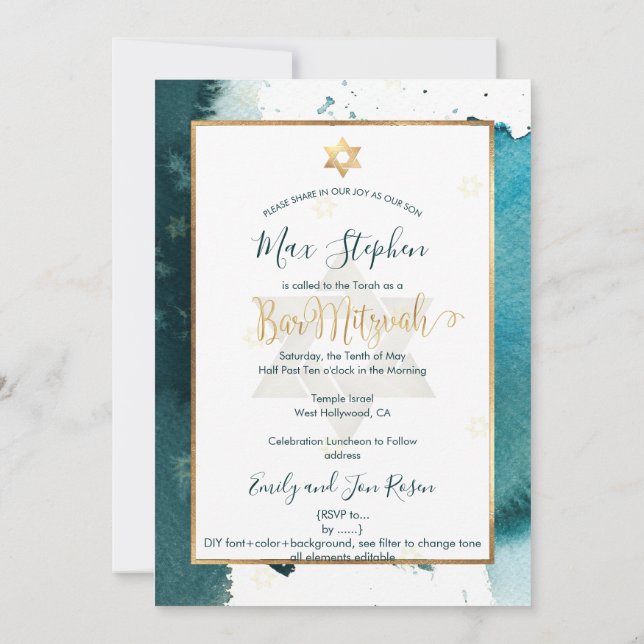 PixDezines Bar Mitzvah| Aquamarine grüne Wasserfar Einladung (Rückseite)