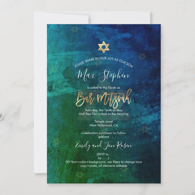 PixDezines Bar Mitzvah Marine+Emerald Watercolor Einladung (Rückseite)