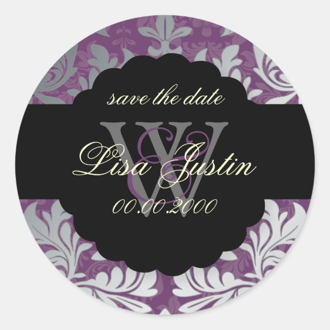PixDezines Baroque Damask/Faux Silver+Purple/Lilac Runder Aufkleber (Vorderseite)
