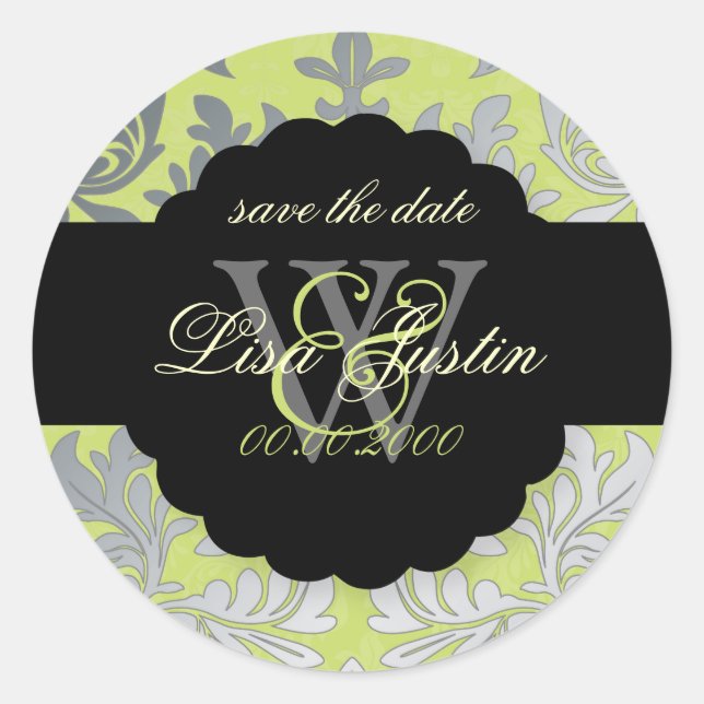 PixDezines Baroque Damask/Imitate Silver+Green Runder Aufkleber (Vorderseite)